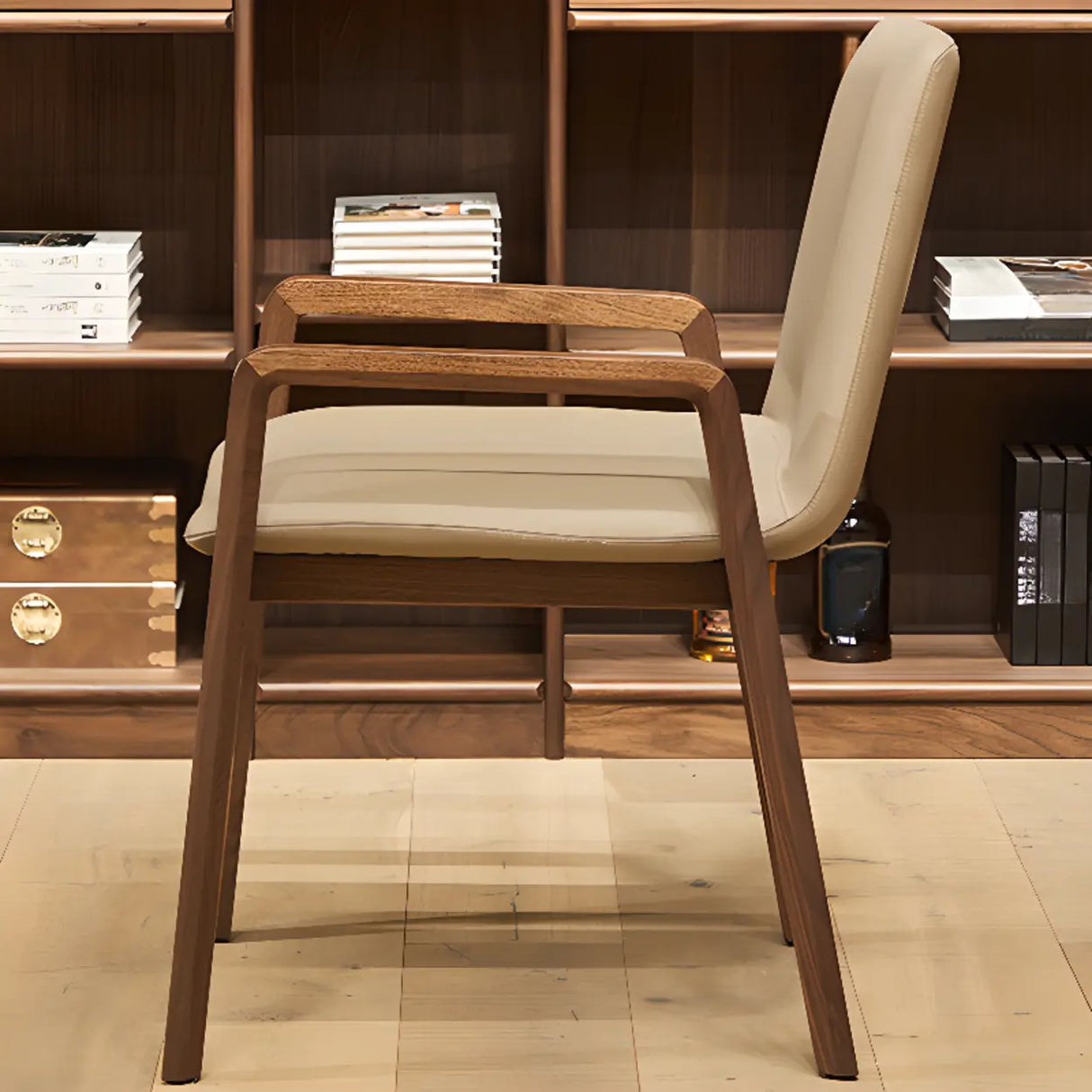 Square Off-White Leather Seat Armrest Wood Dining Chair Image - 9