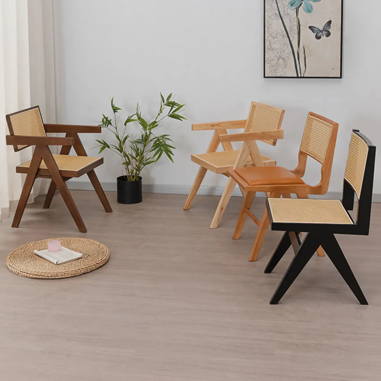 Square Open Back Armless Braided Rope Wood Dining Chair Image - 1