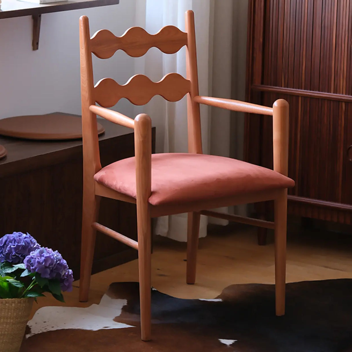 Square Open Wave-Back Wooden Arm Dining Chairs Orange Image - 1