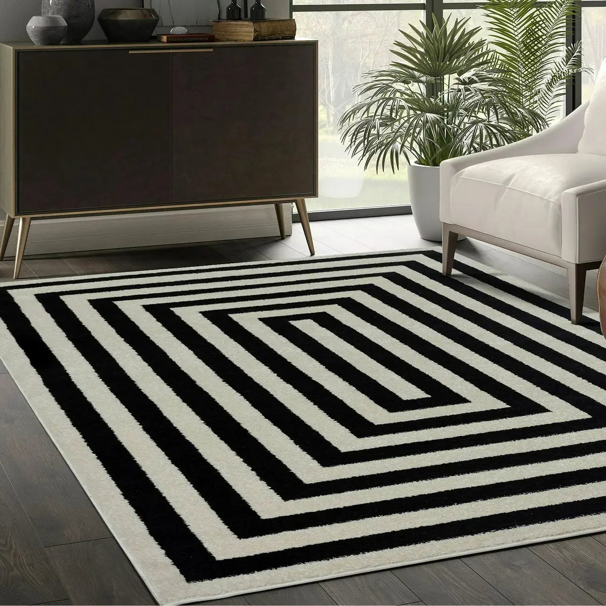 Square Striped Polypropylene Black-White Area Rug Image - 1