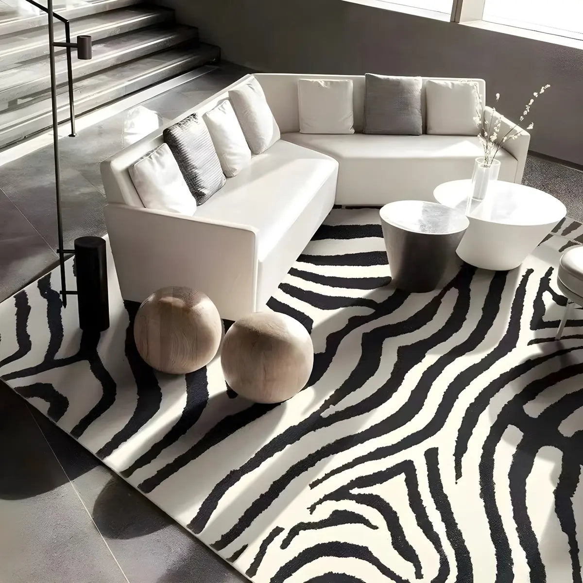 Square Striped Polypropylene Black-White Area Rug Image - 2