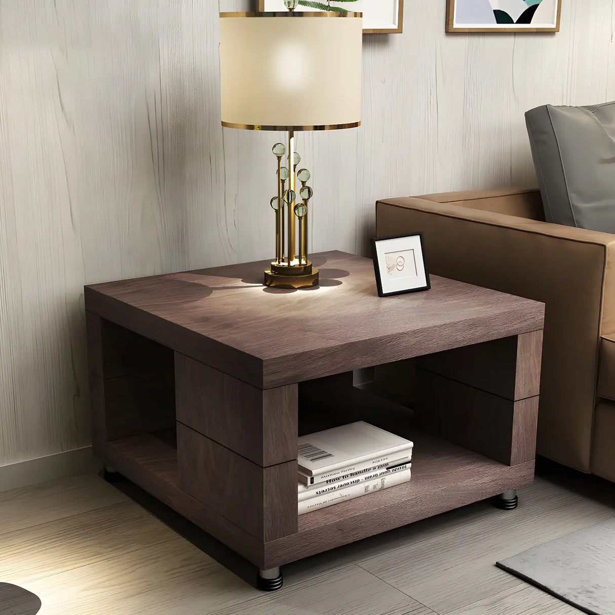 Square Walnut Wood Double Tier Side Table with Shelf Image - 3