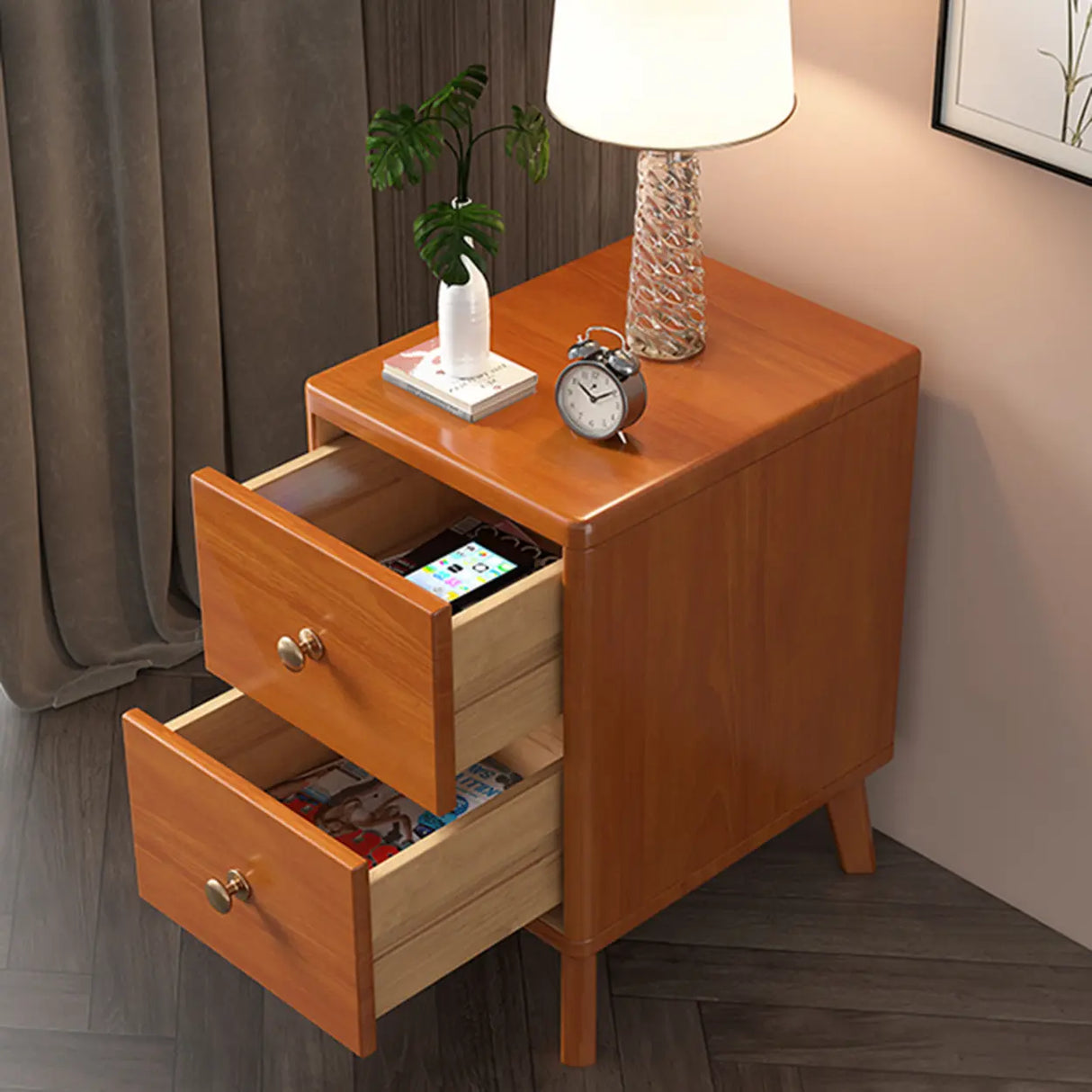 Square Wood Natural 2-Drawer Nightstand with Legs Image - 10