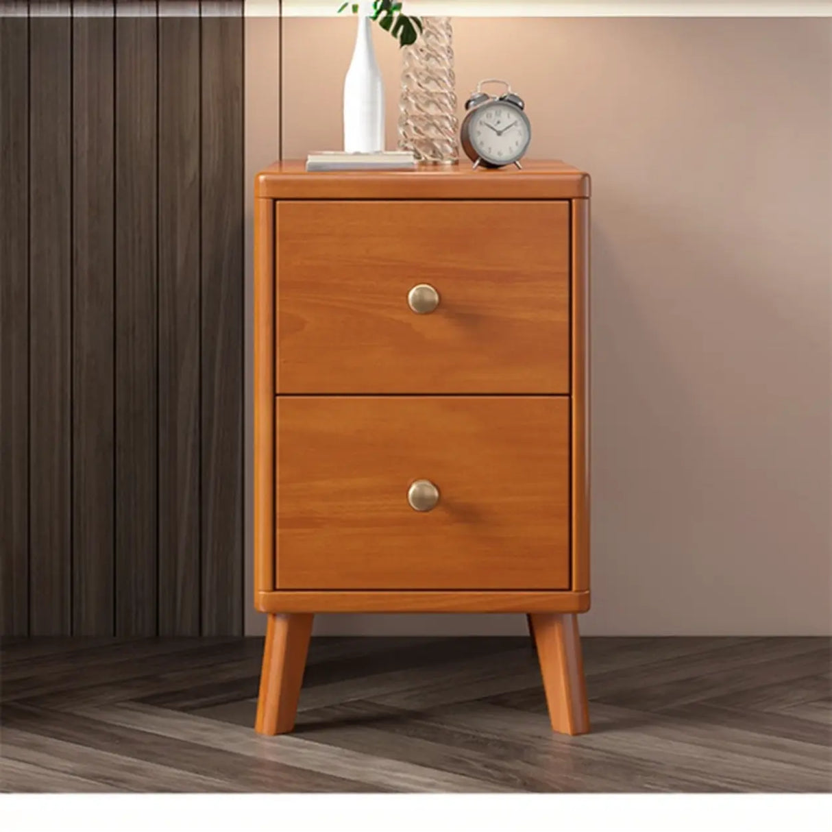 Square Wood Natural 2-Drawer Nightstand with Legs Image - 12