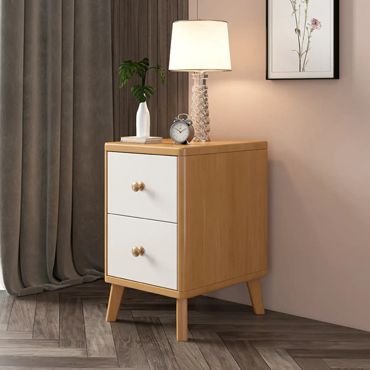 Square Wood Natural 2-Drawer Nightstand with Legs Image - 5