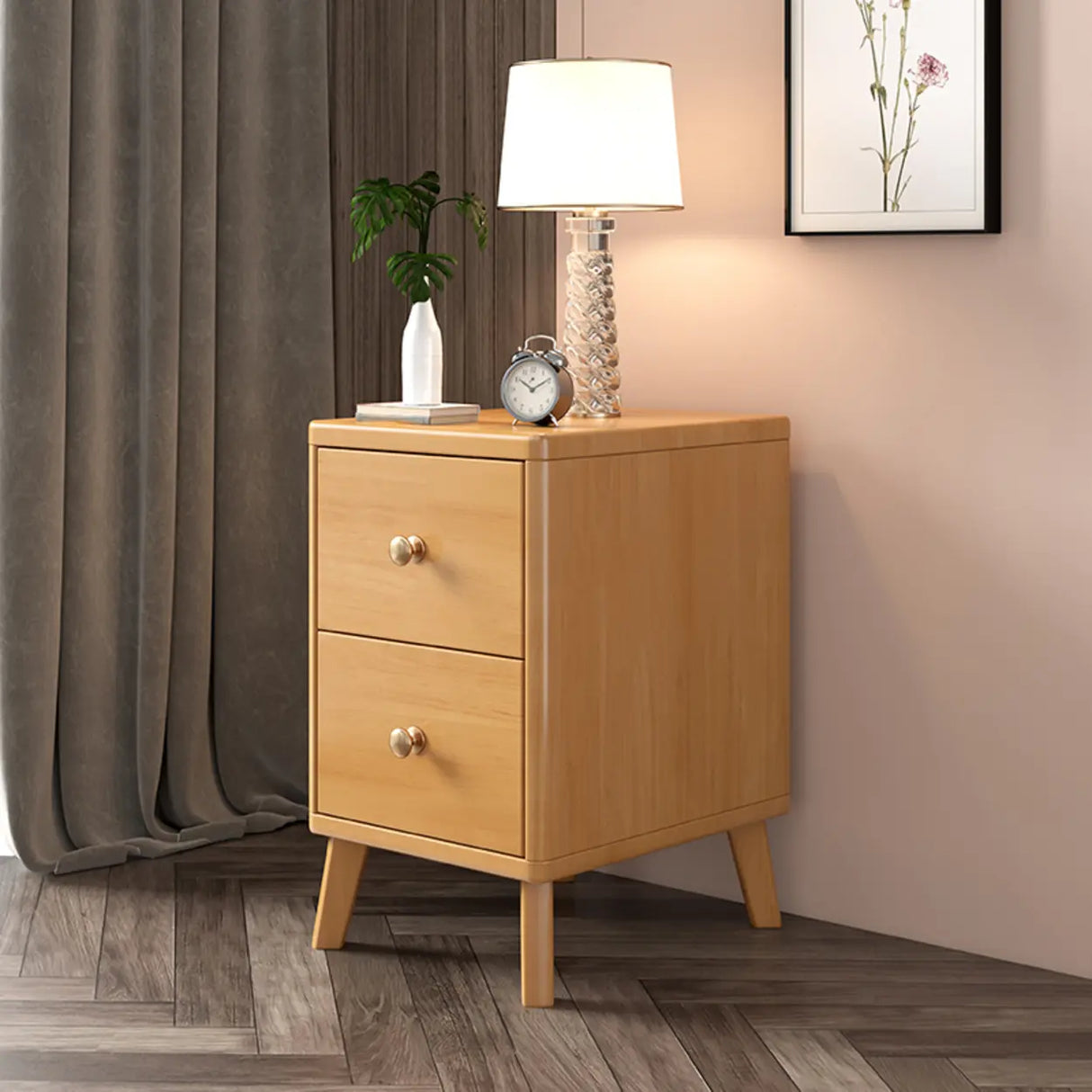 Square Wood Natural 2-Drawer Nightstand with Legs Image - 7