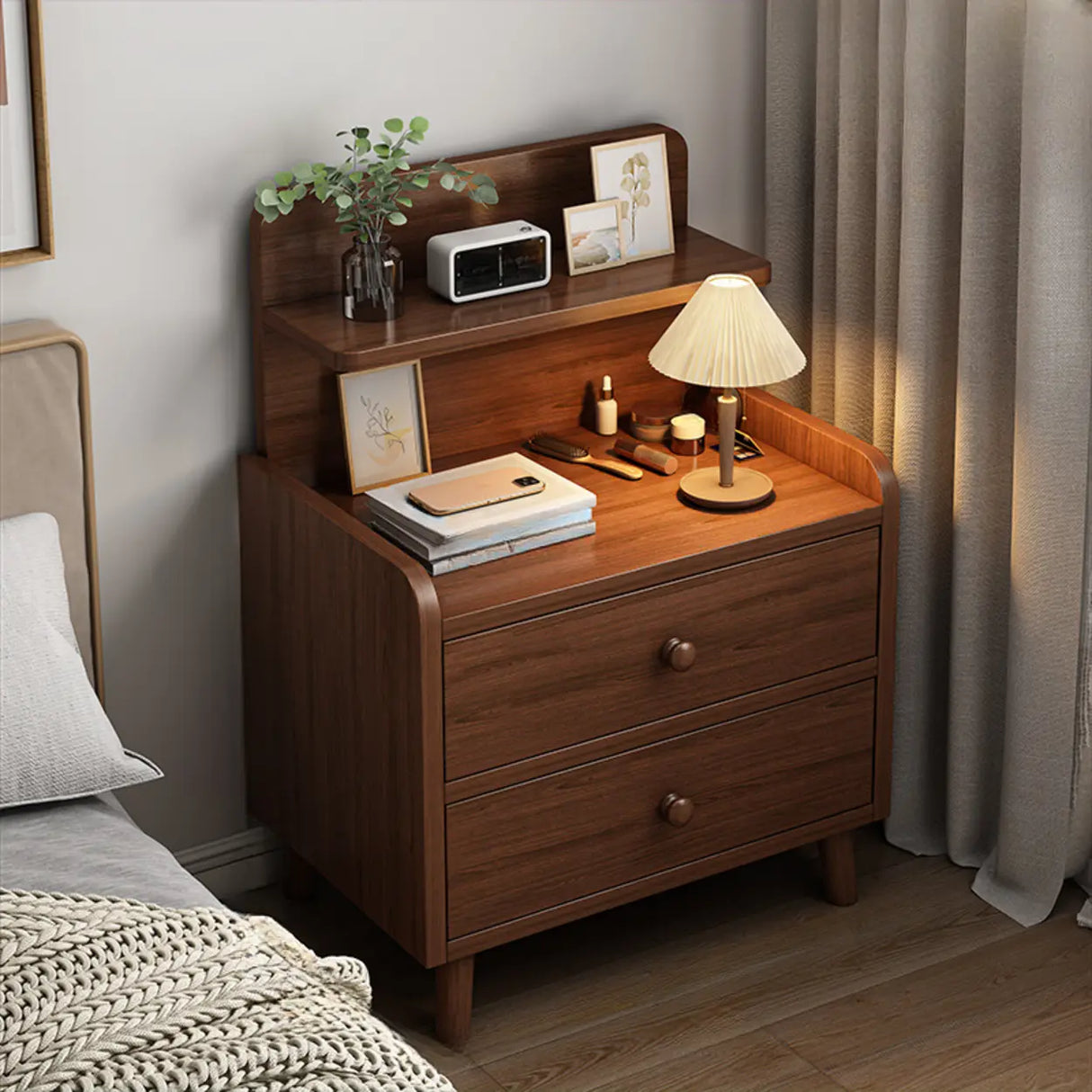 Square Wood Nut-Brown 2-Drawer Nightstand with Shelves Image - 1
