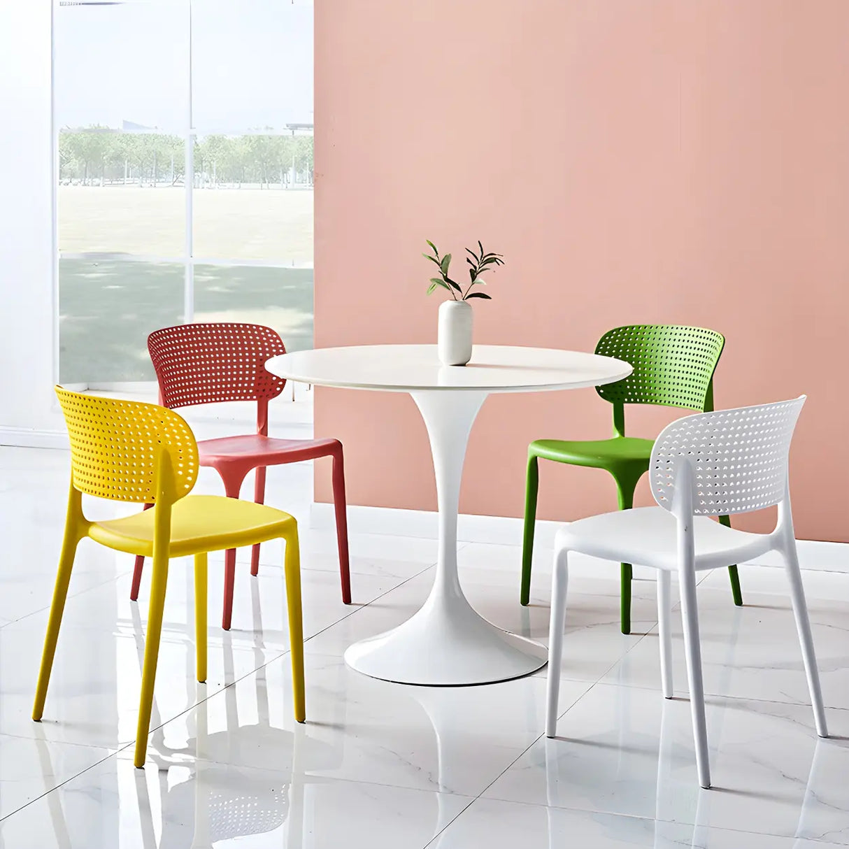 Stackable Minimalist Open Back Side Chair with Four-Leg Image - 17