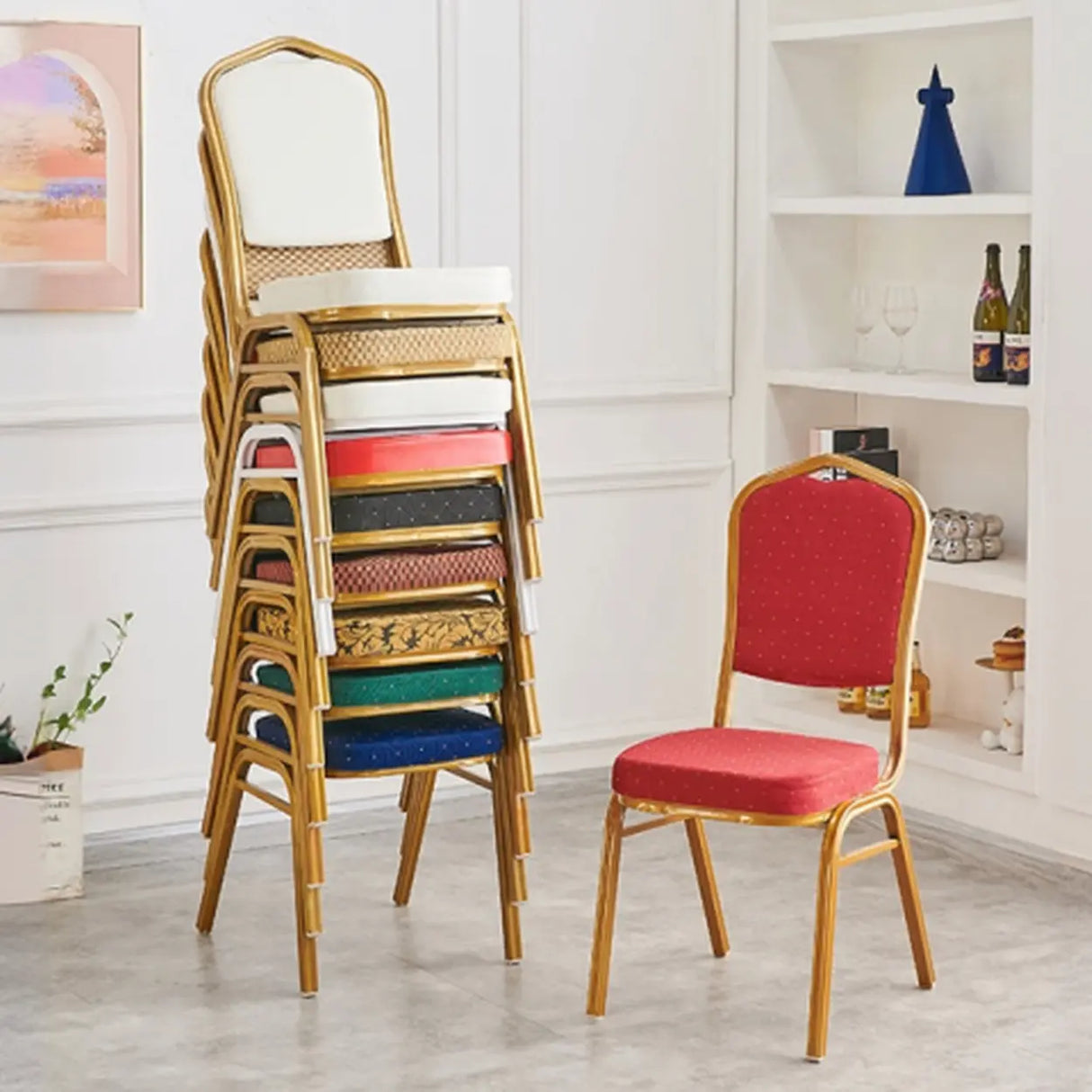 Stackable Print Fabric High Back Metal Dining Chair Image - 1