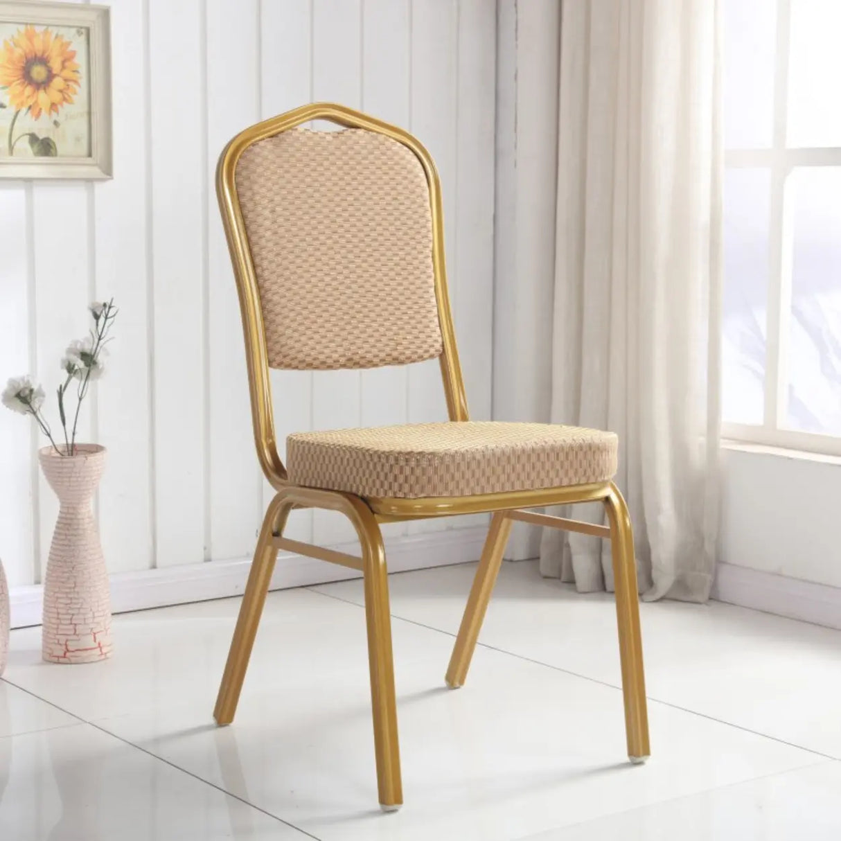 Stackable Print Fabric High Back Metal Dining Chair Image - 2
