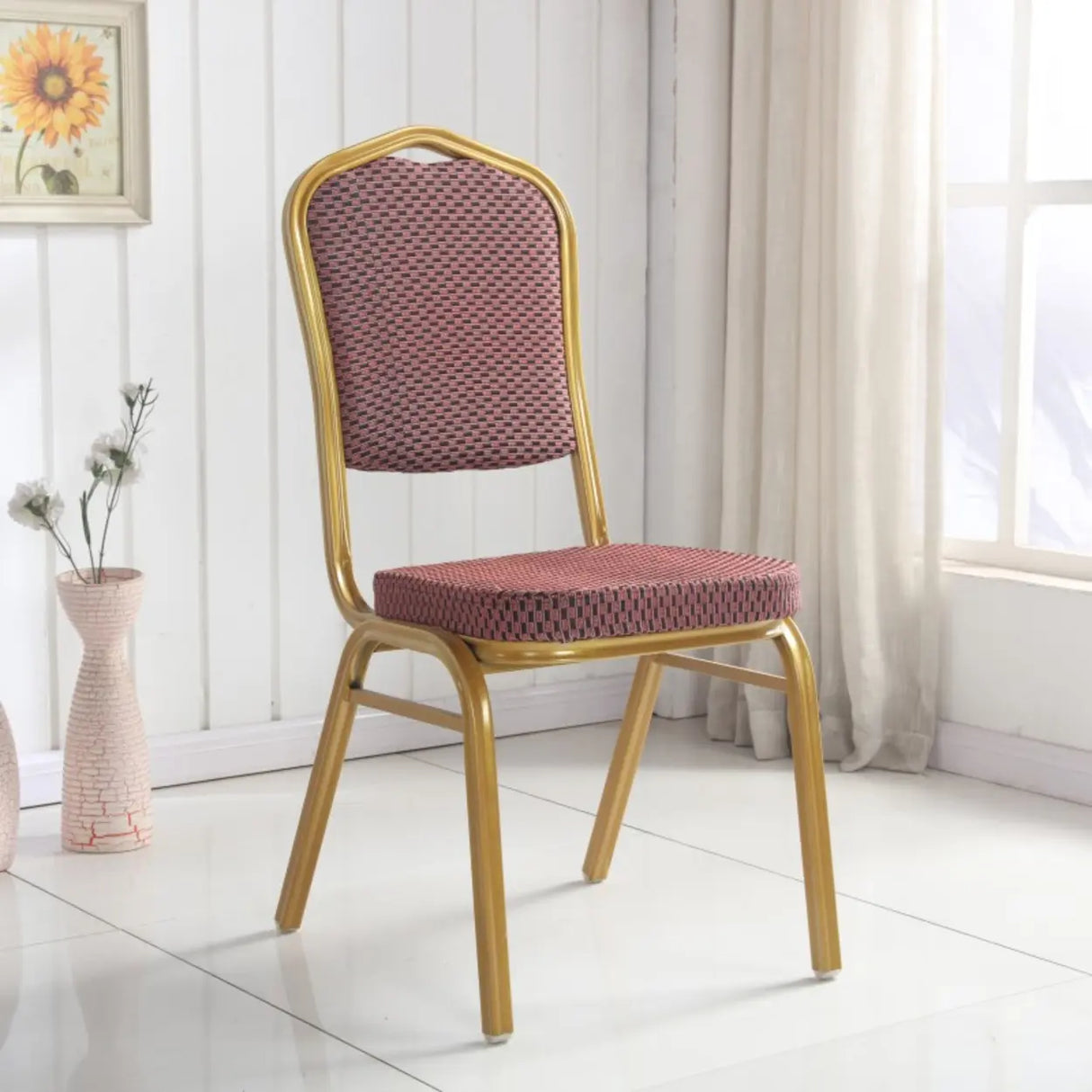 Stackable Print Fabric High Back Metal Dining Chair Image - 3
