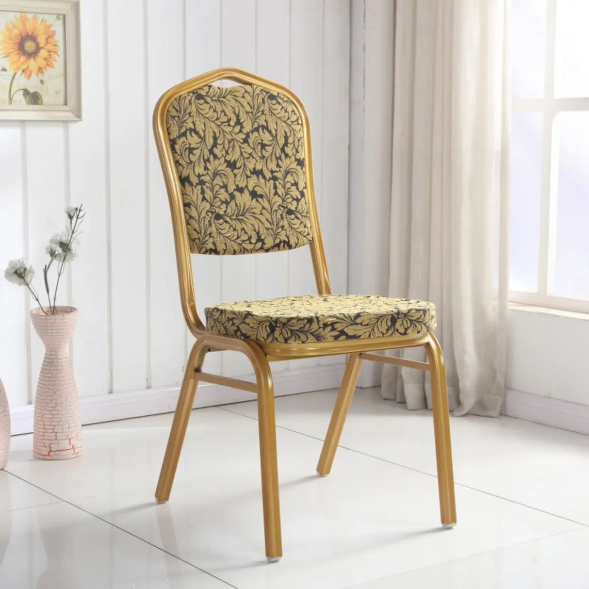 Stackable Print Fabric High Back Metal Dining Chair Image - 8