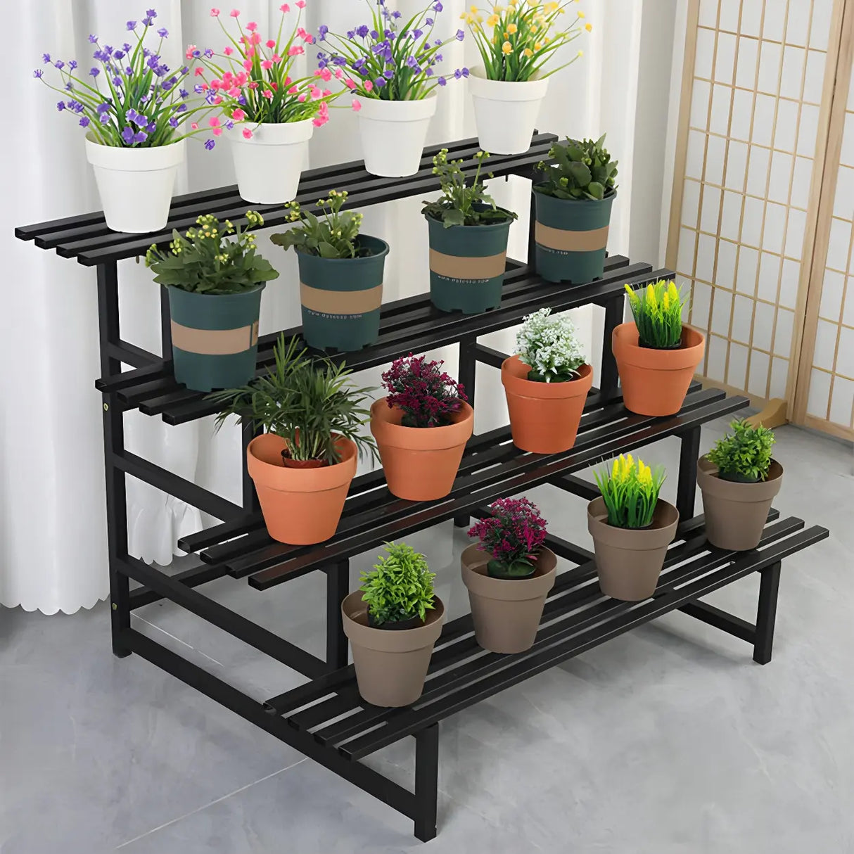 Stain-Resistant Black Metal Rectangle Multi-Tier Plant Rack Image - 1