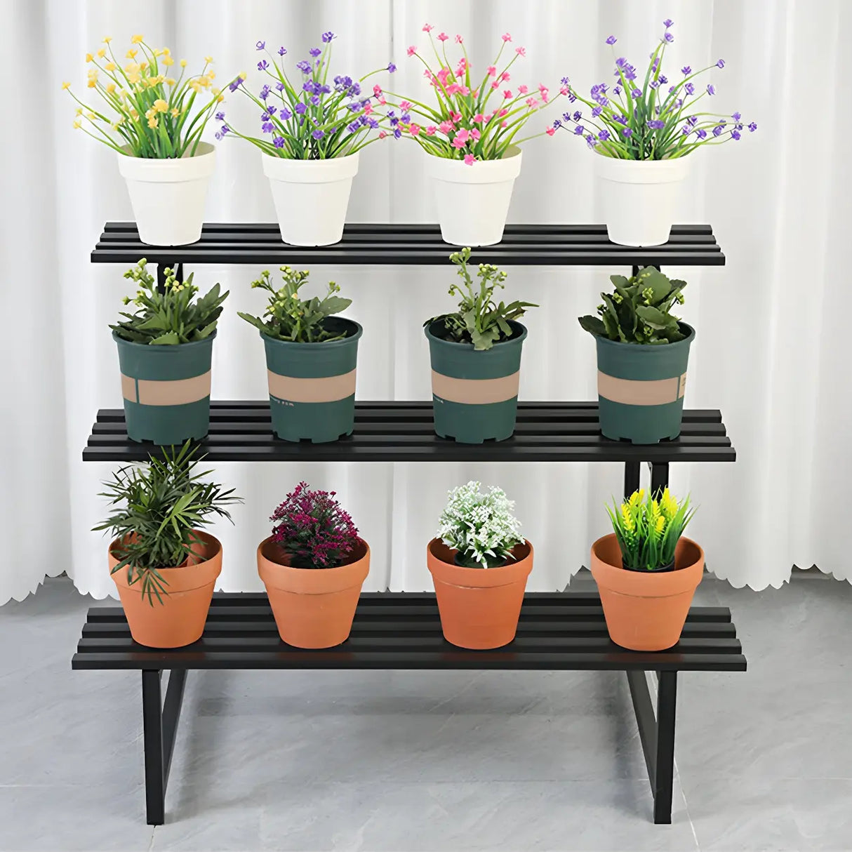 Stain-Resistant Black Metal Rectangle Multi-Tier Plant Rack Image - 4