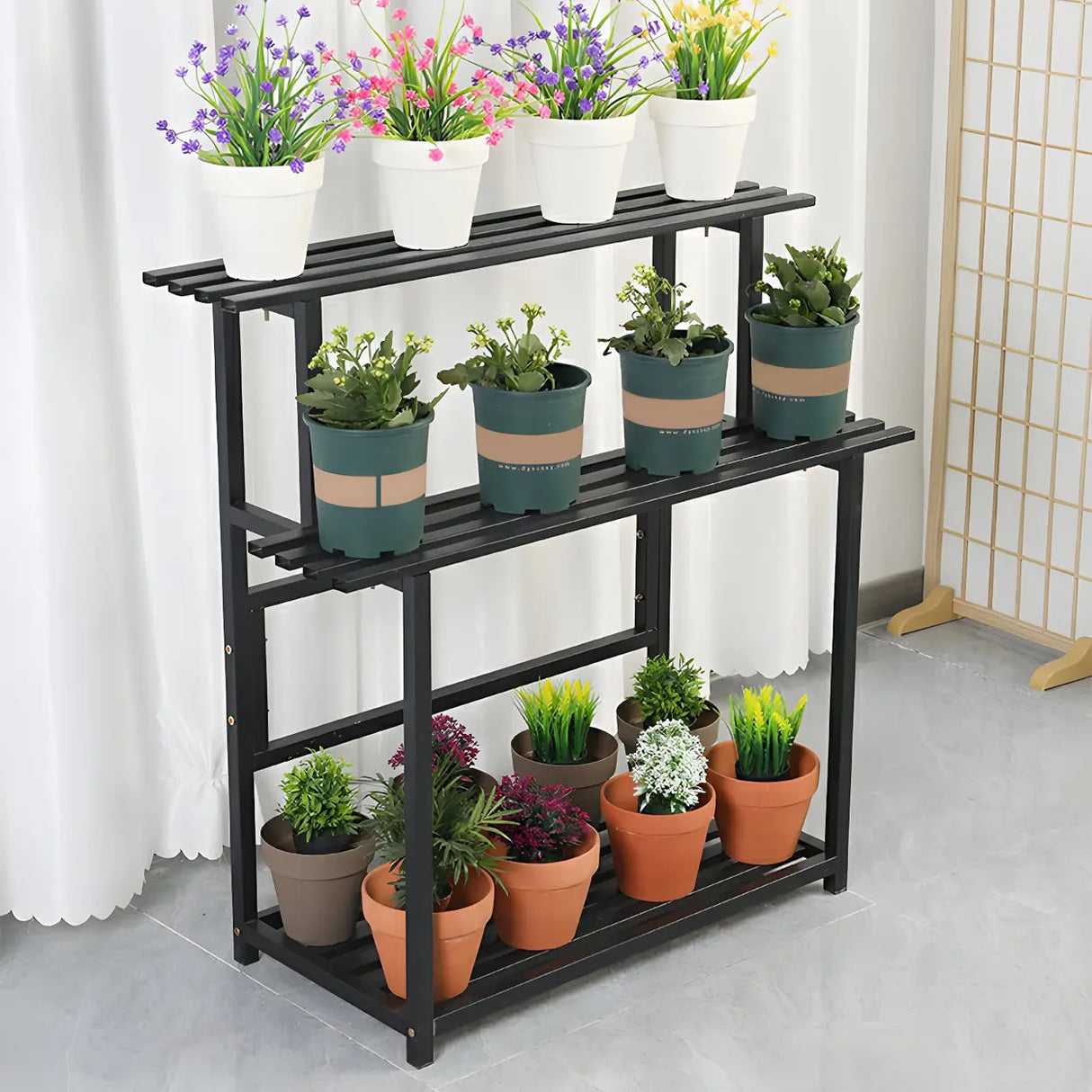 Stain-Resistant Black Metal Rectangle Multi-Tier Plant Rack Image - 5