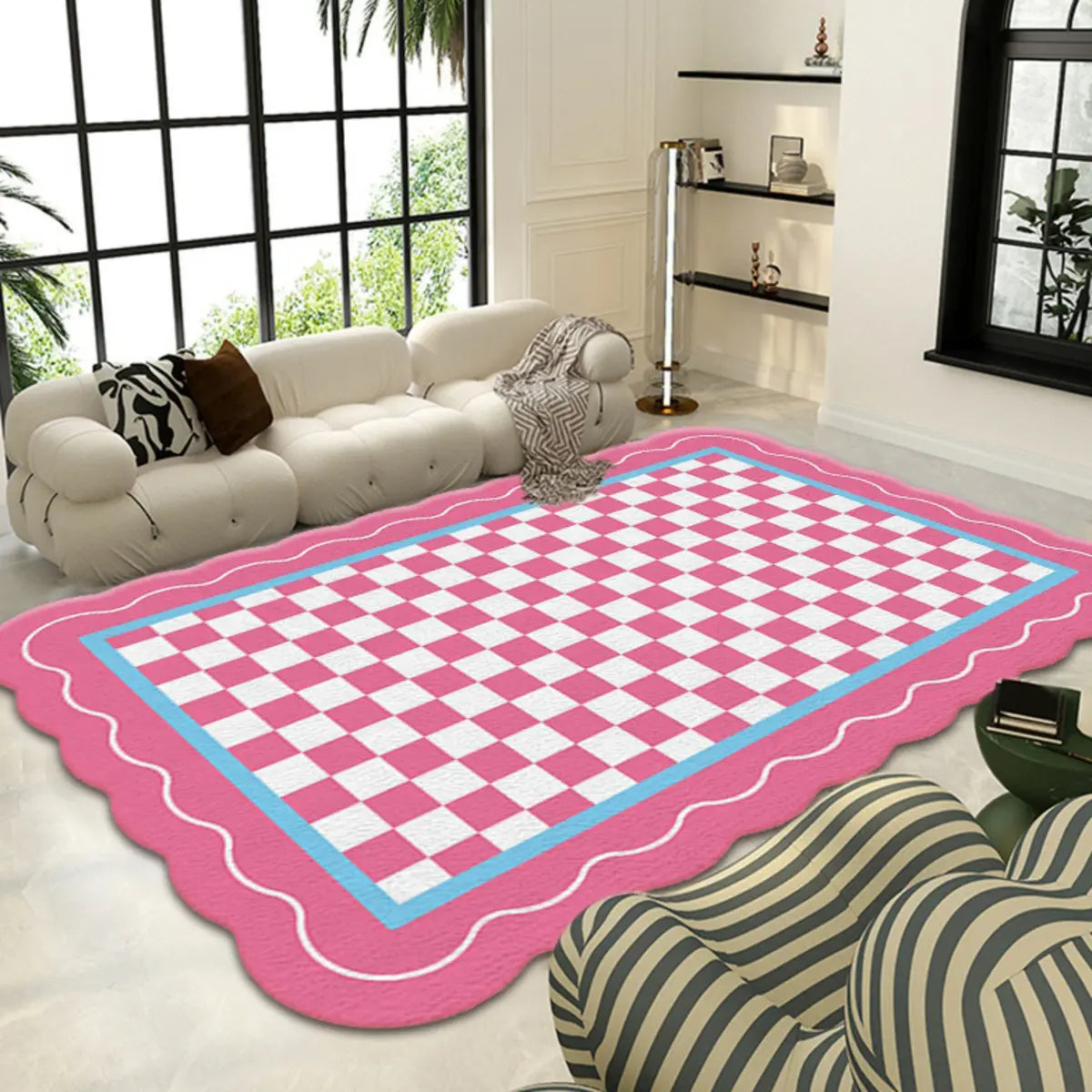 Stain Resistant Checkered Polypropylene Pink Area Rug Image - 1