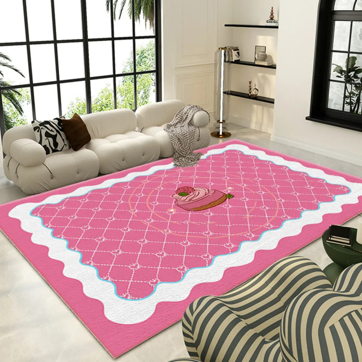 Stain Resistant Checkered Polypropylene Pink Area Rug Image - 11