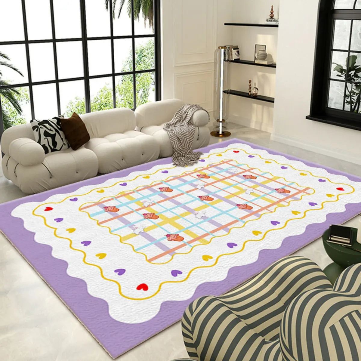 Stain Resistant Checkered Polypropylene Pink Area Rug Image - 4