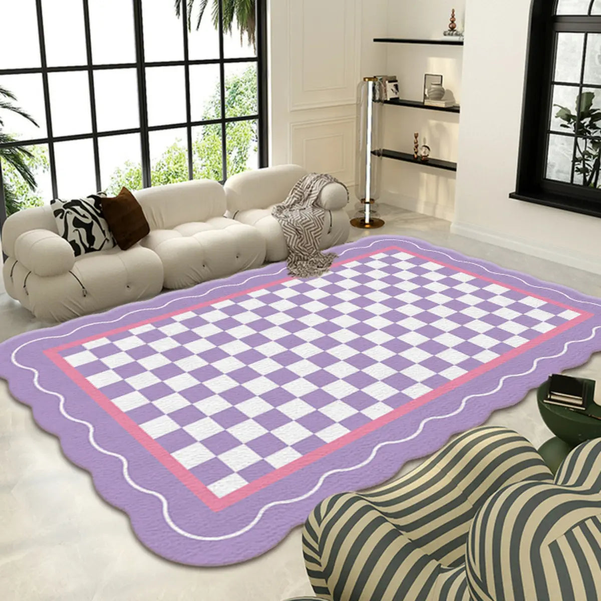 Stain Resistant Checkered Polypropylene Pink Area Rug Image - 5