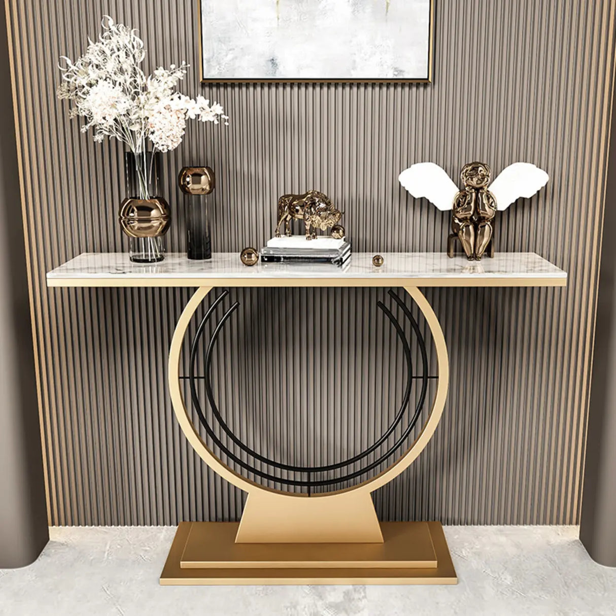 Stain Resistant Gold Circular Base Stone Console Table Image - 1