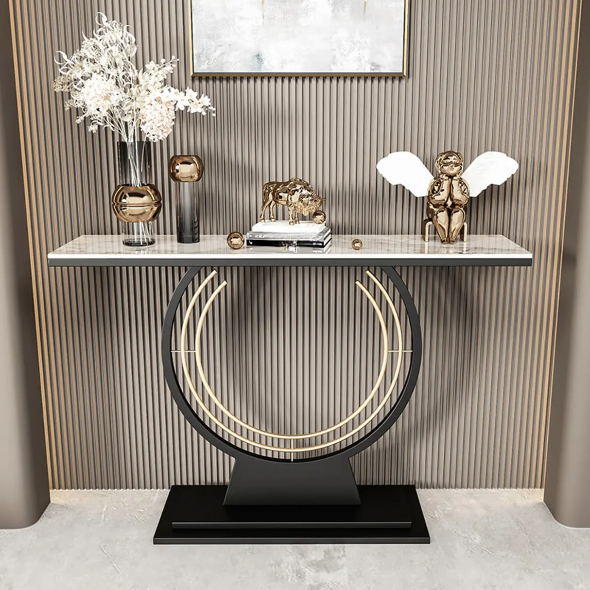 Stain Resistant Gold Circular Base Stone Console Table Image - 4