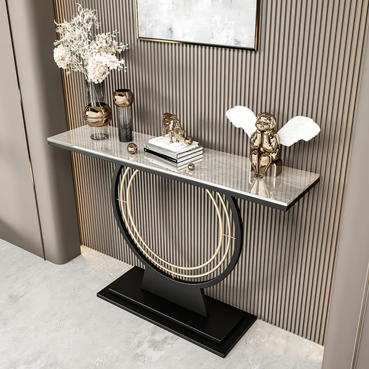 Stain Resistant Gold Circular Base Stone Console Table Image - 6