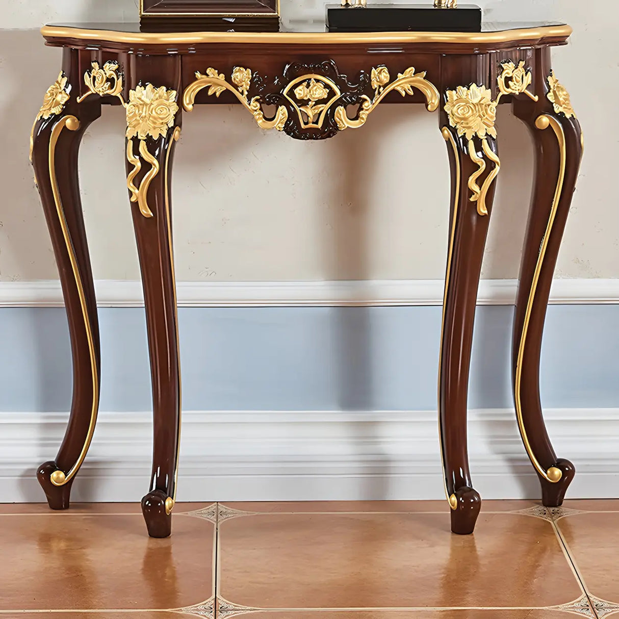 Stain Resistant Ornate Mahogany Brown Baroque Console Table Image - 10