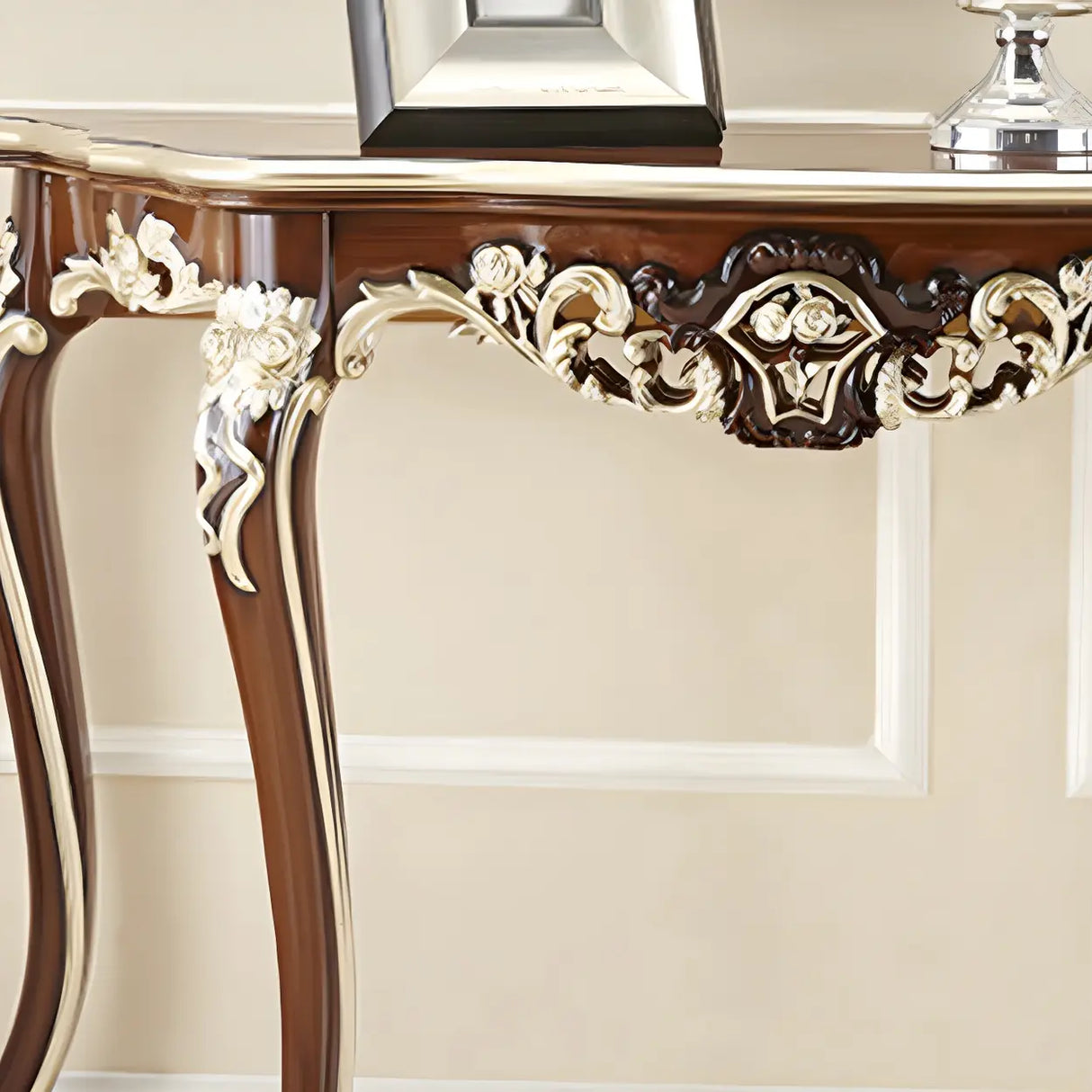 Stain Resistant Ornate Mahogany Brown Baroque Console Table Image - 13