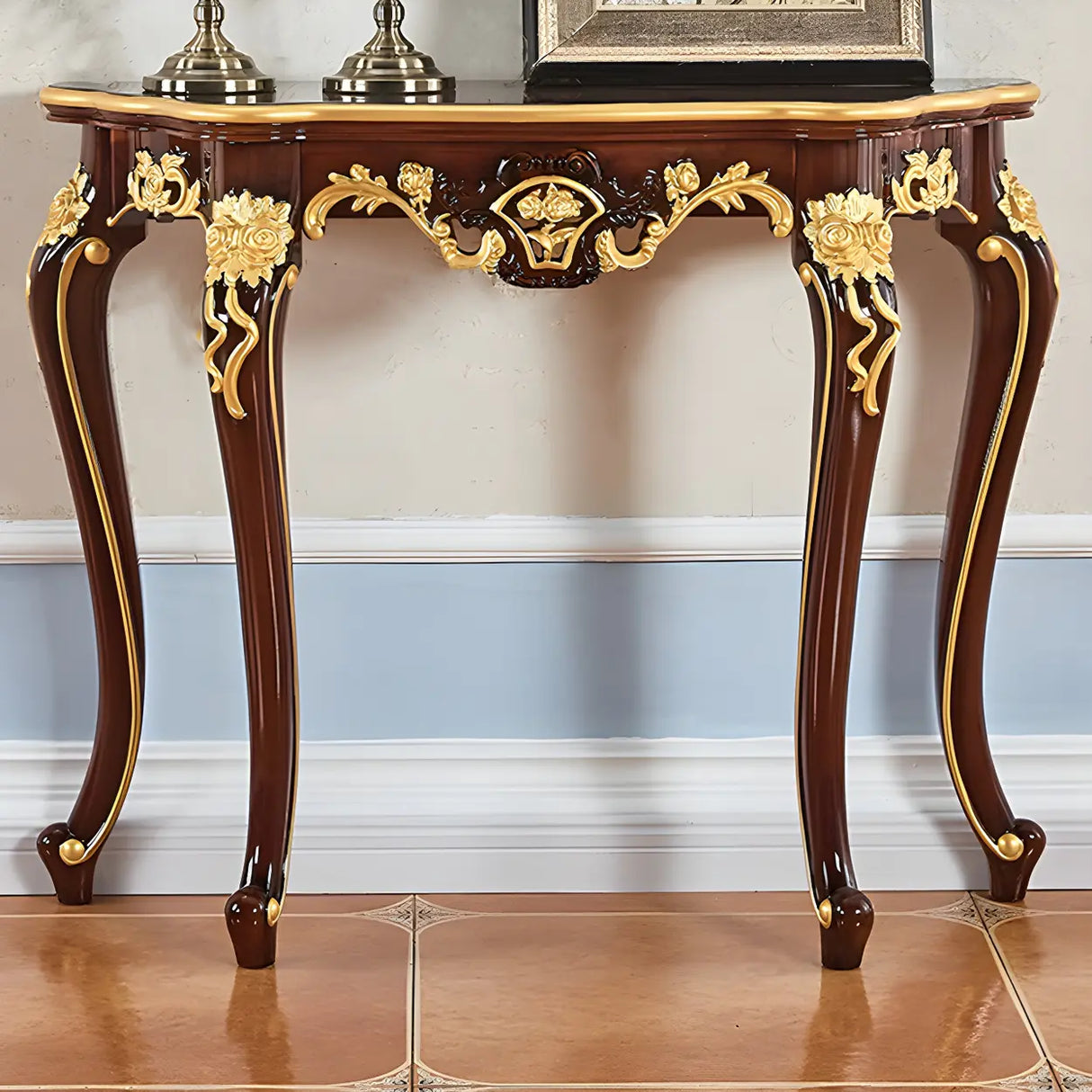 Stain Resistant Ornate Mahogany Brown Baroque Console Table Image - 16