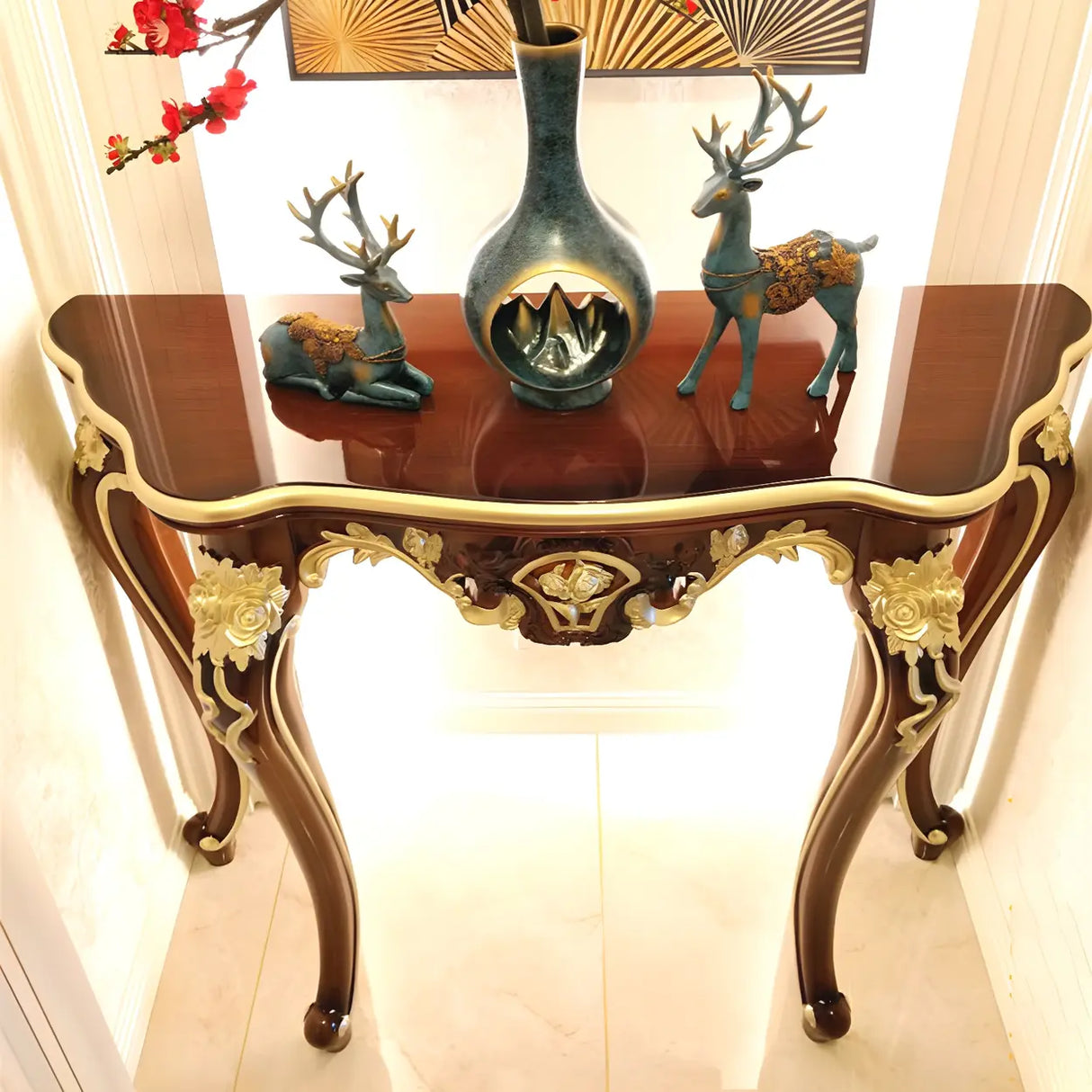 Stain Resistant Ornate Mahogany Brown Baroque Console Table Image - 18