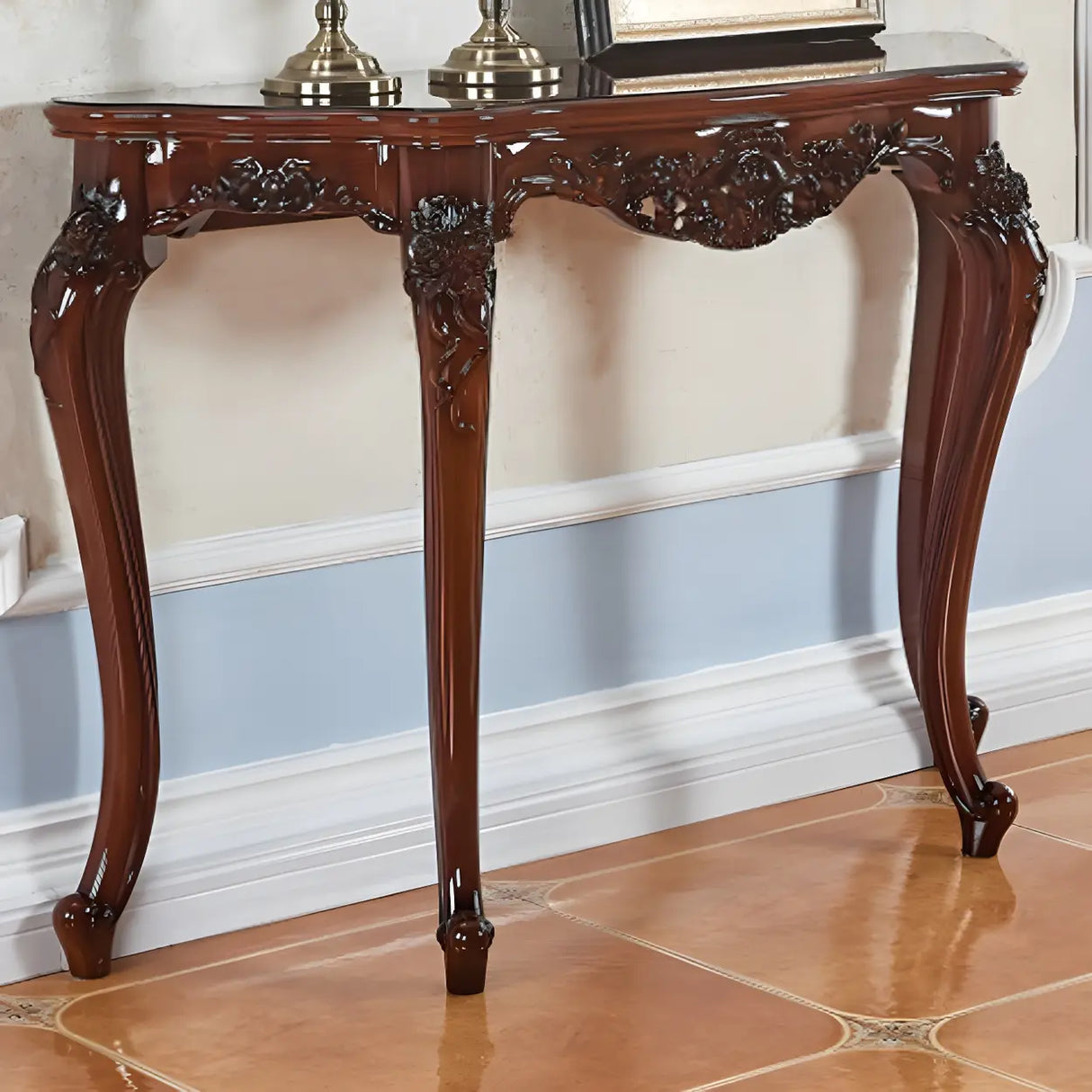 Stain Resistant Ornate Mahogany Brown Baroque Console Table Image - 19