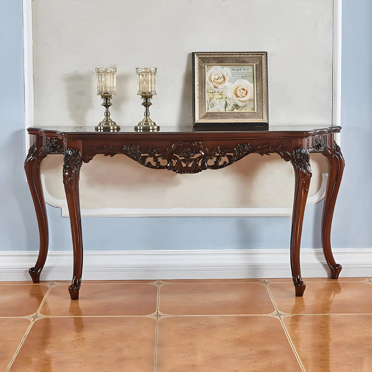 Stain Resistant Ornate Mahogany Brown Baroque Console Table Image - 1