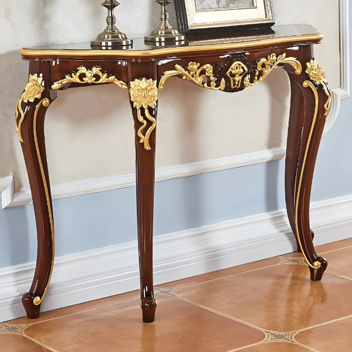 Stain Resistant Ornate Mahogany Brown Baroque Console Table Image - 21