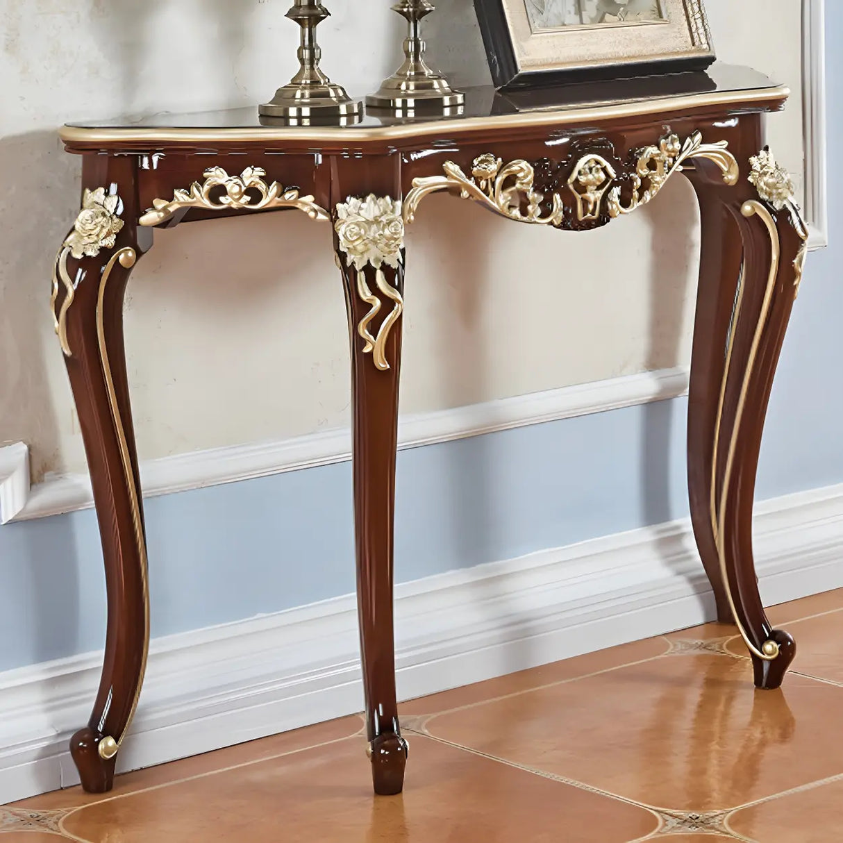 Stain Resistant Ornate Mahogany Brown Baroque Console Table Image - 22