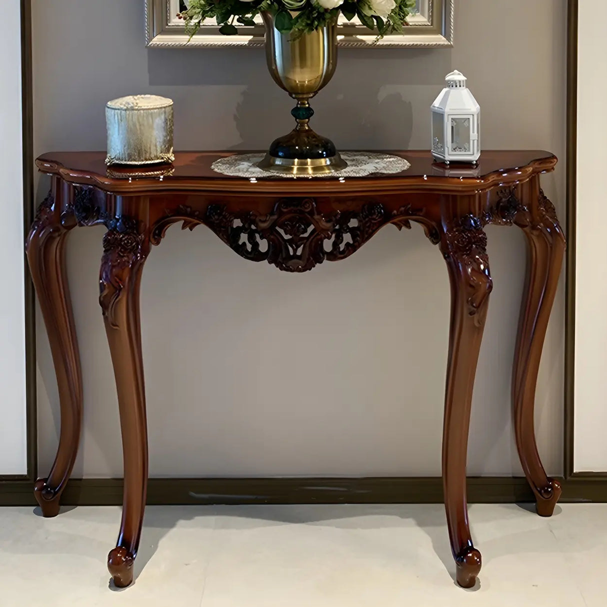 Stain Resistant Ornate Mahogany Brown Baroque Console Table Image - 23