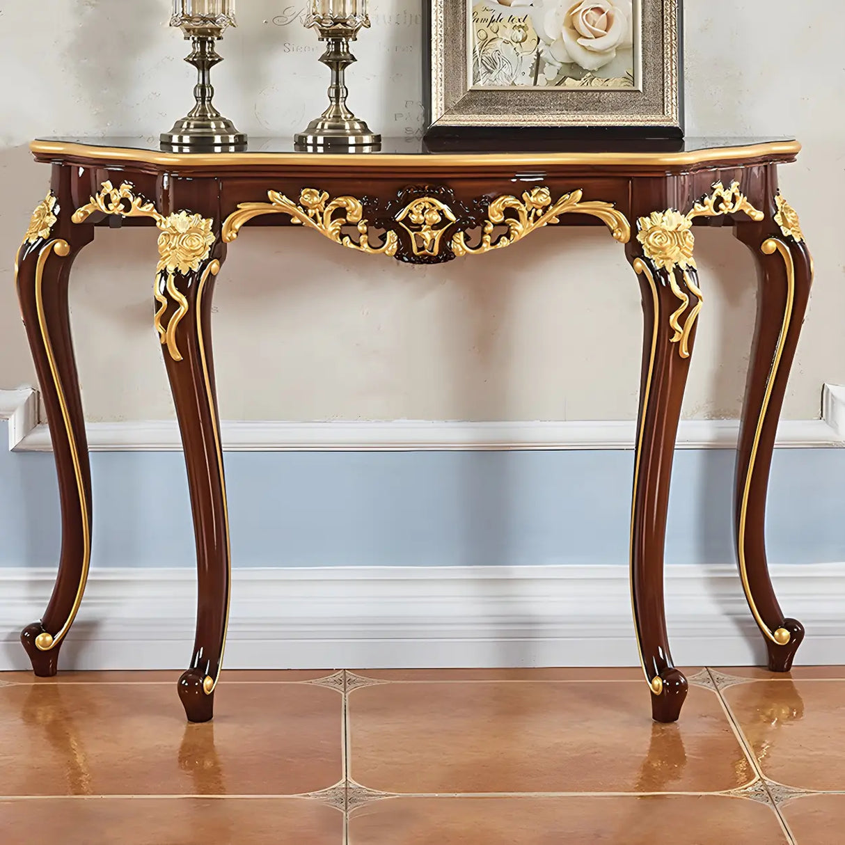 Stain Resistant Ornate Mahogany Brown Baroque Console Table Image - 24