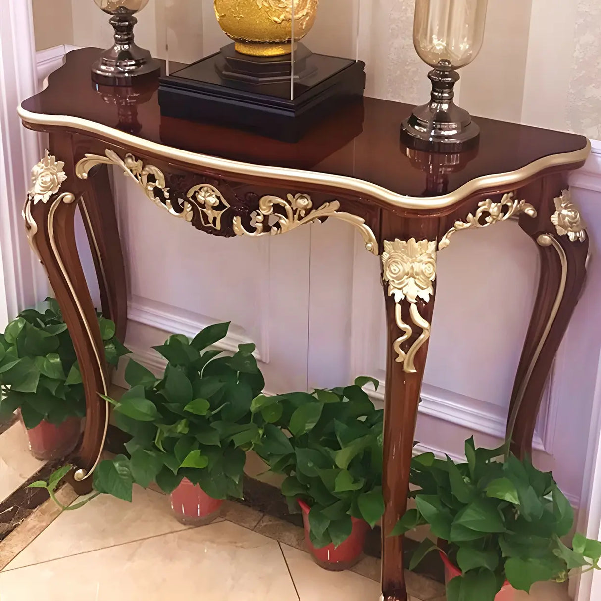 Stain Resistant Ornate Mahogany Brown Baroque Console Table Image - 25