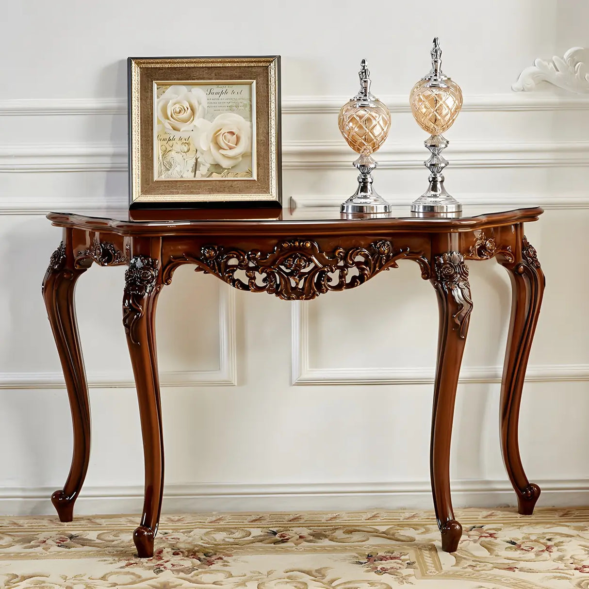 Stain Resistant Ornate Mahogany Brown Baroque Console Table Image - 26