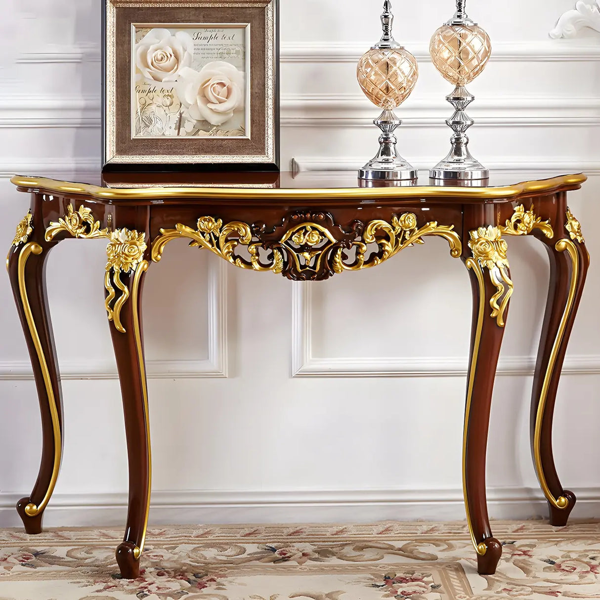 Stain Resistant Ornate Mahogany Brown Baroque Console Table Image - 27