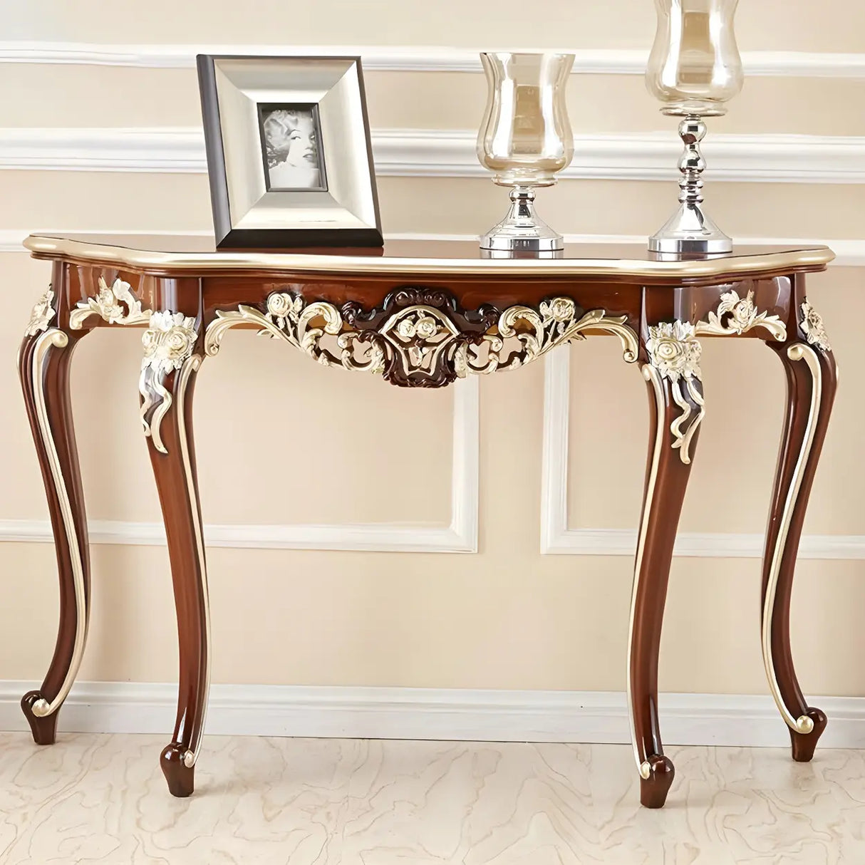 Stain Resistant Ornate Mahogany Brown Baroque Console Table Image - 28