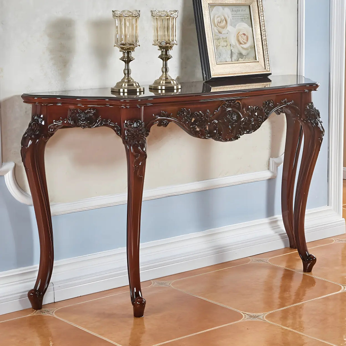 Stain Resistant Ornate Mahogany Brown Baroque Console Table Image - 29