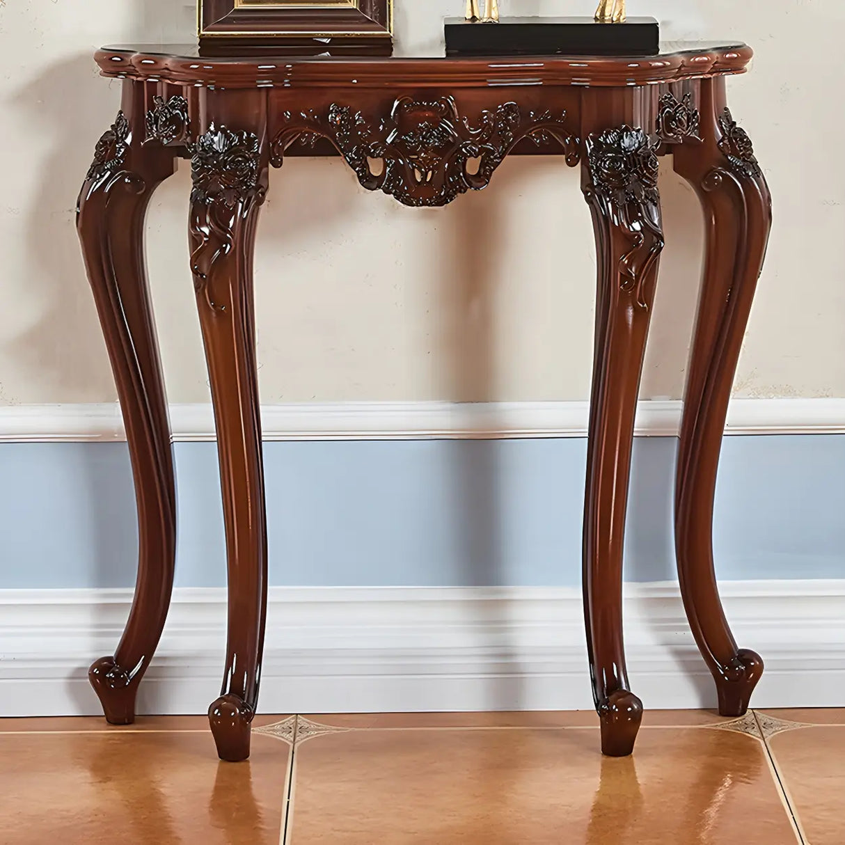 Stain Resistant Ornate Mahogany Brown Baroque Console Table Image - 2