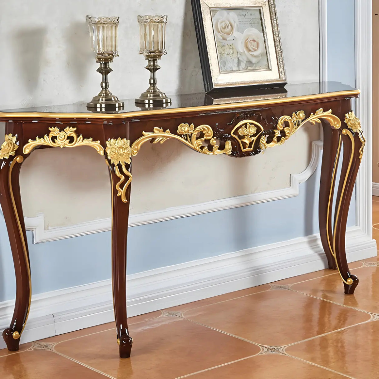 Stain Resistant Ornate Mahogany Brown Baroque Console Table Image - 30