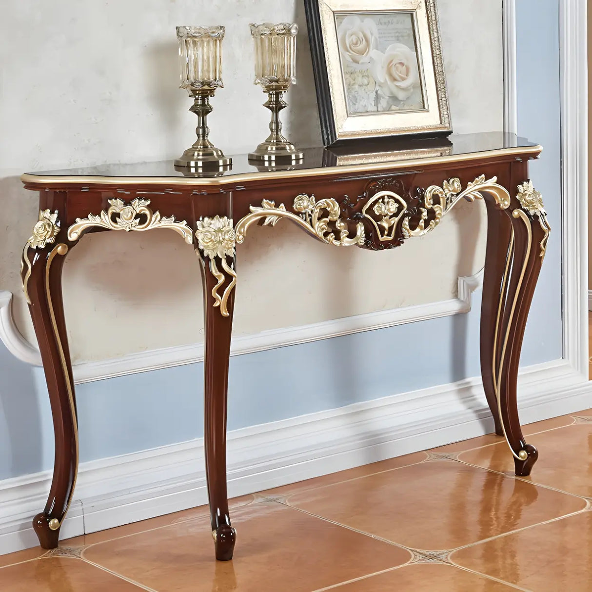Stain Resistant Ornate Mahogany Brown Baroque Console Table Image - 31
