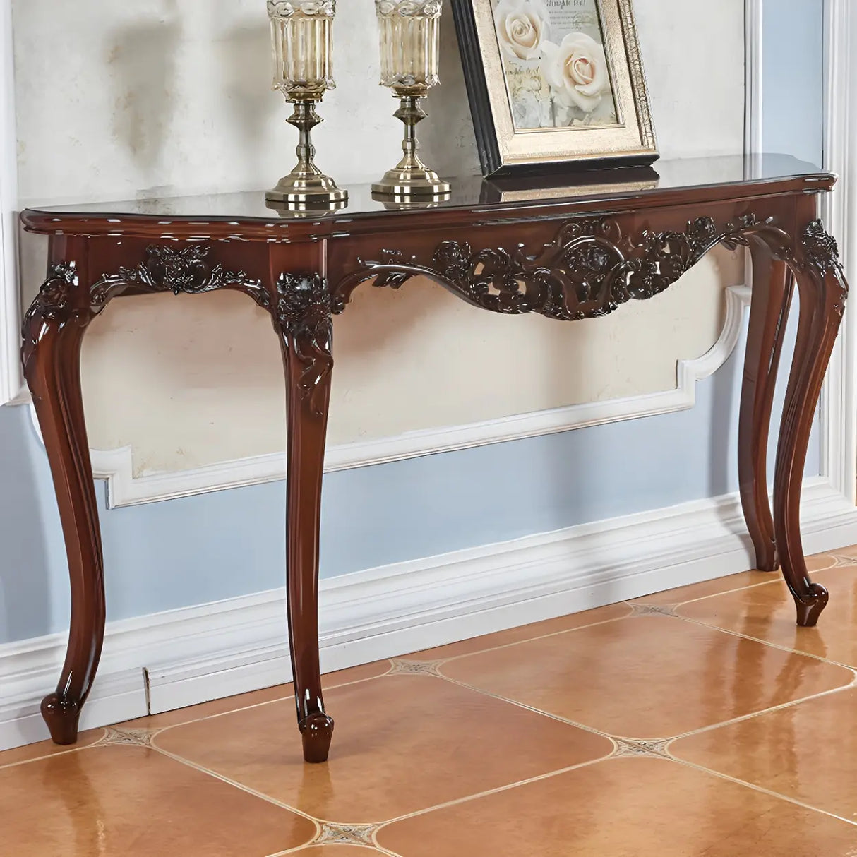 Stain Resistant Ornate Mahogany Brown Baroque Console Table Image - 32