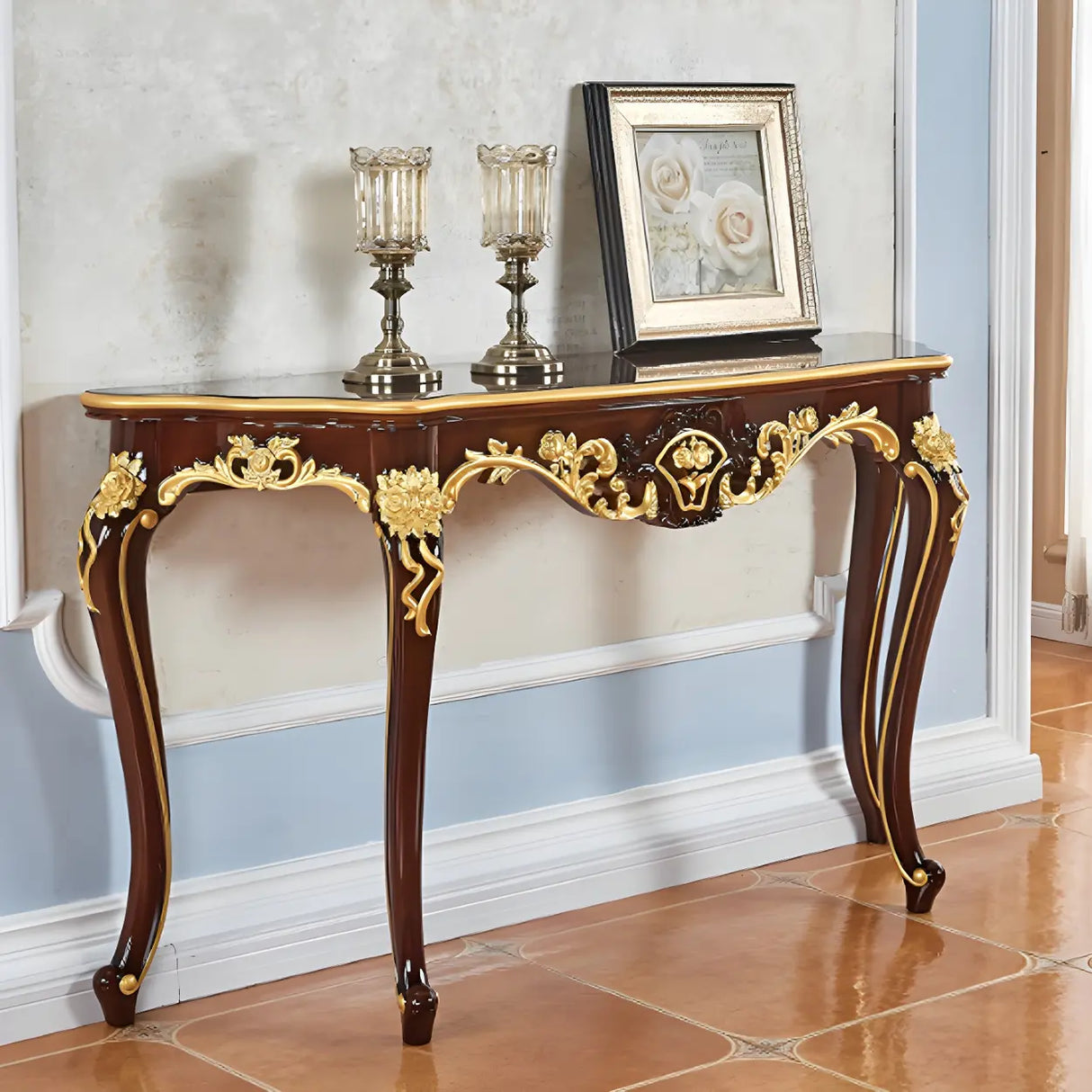 Stain Resistant Ornate Mahogany Brown Baroque Console Table Image - 33