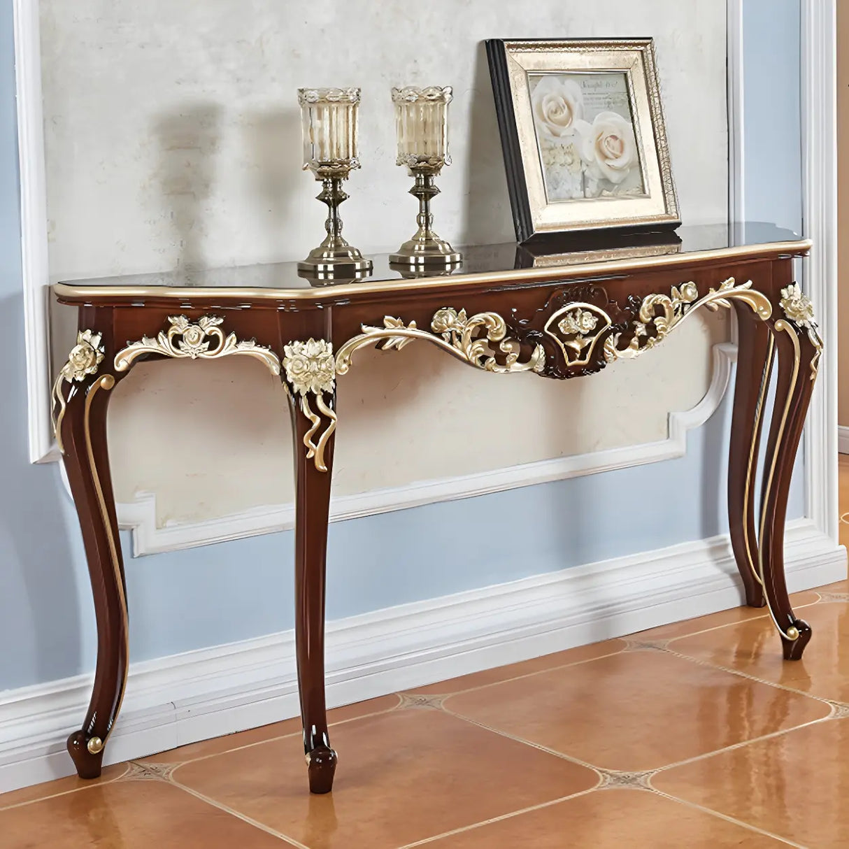 Stain Resistant Ornate Mahogany Brown Baroque Console Table Image - 34