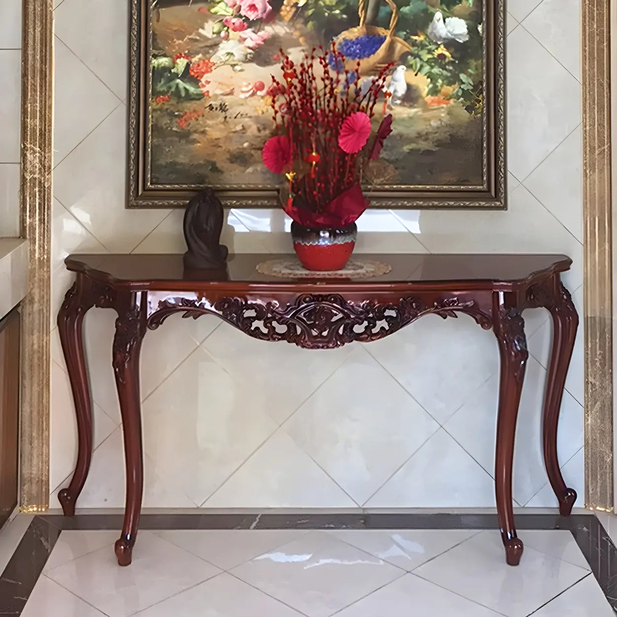 Stain Resistant Ornate Mahogany Brown Baroque Console Table Image - 35