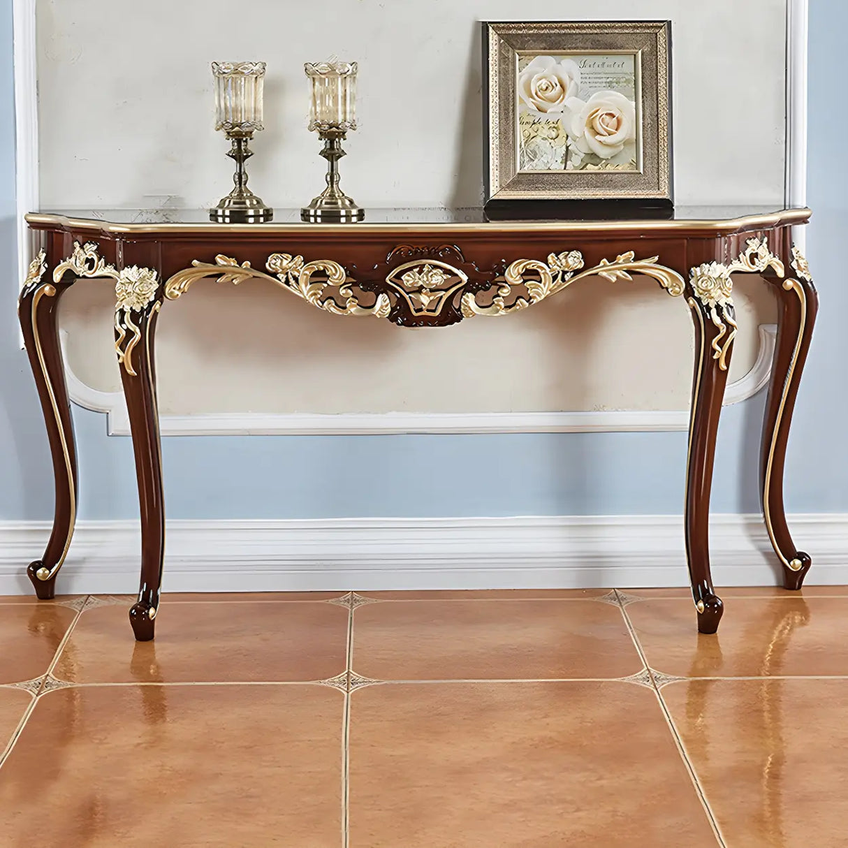 Stain Resistant Ornate Mahogany Brown Baroque Console Table Image - 3