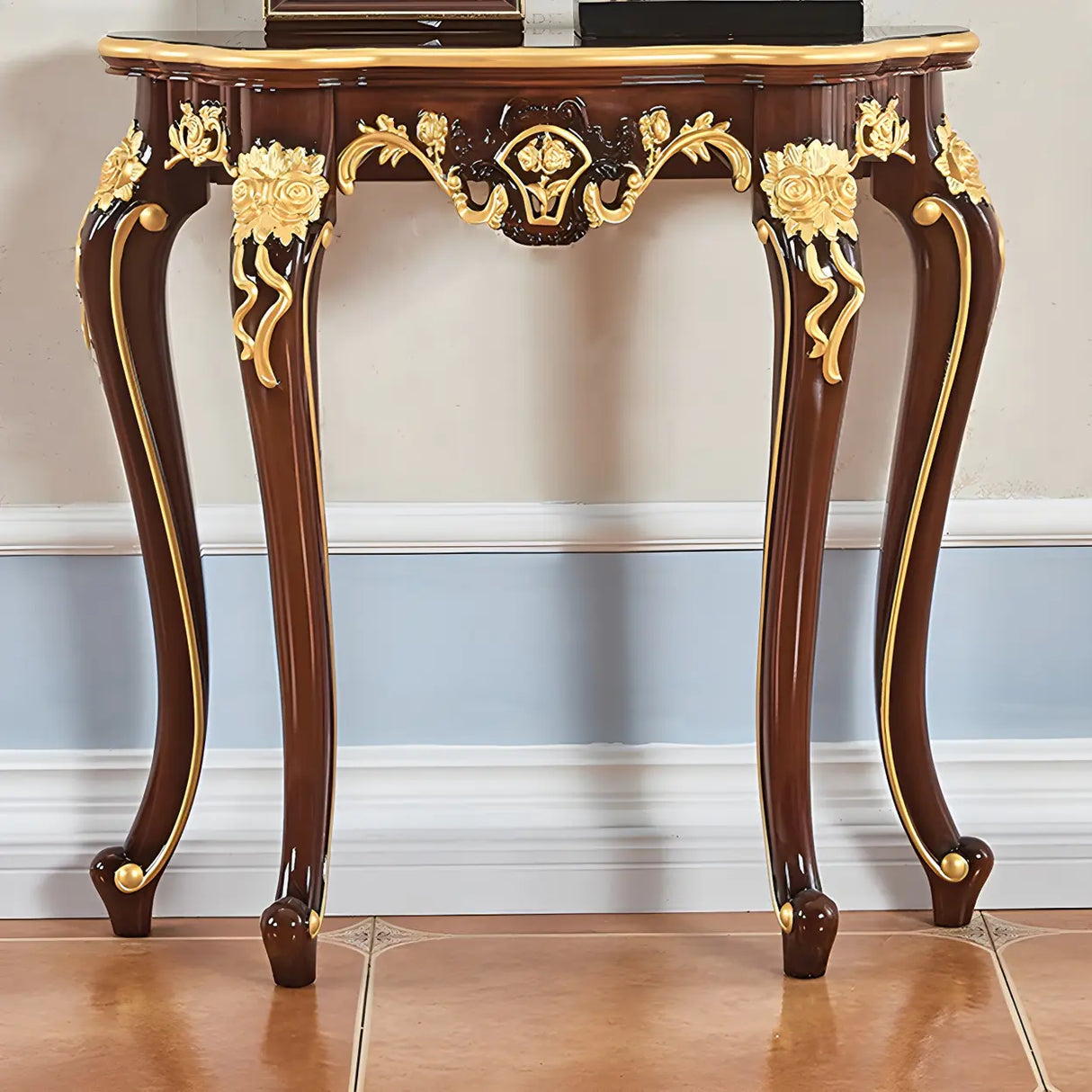 Stain Resistant Ornate Mahogany Brown Baroque Console Table Image - 4